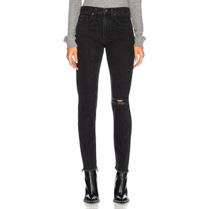 Rag & Bone Black Stone Distressed Raw Hem High Rise Slim Straight Jeans 24 New